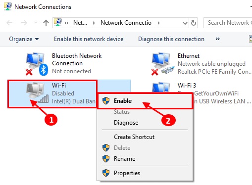 right-click on the network adapter disabled