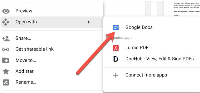 right-click on the file to open it with Google Docs