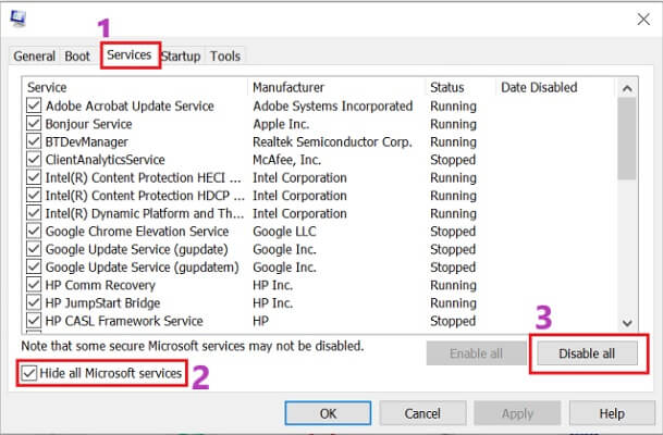 Hide all Microsoft services option in the Services tab