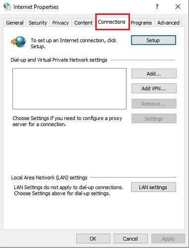 connections in internet options