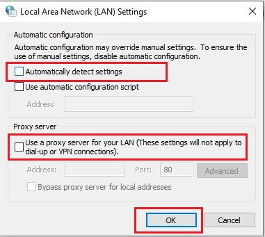 deselect Automatically detect settings & Use a proxy server for your LAN