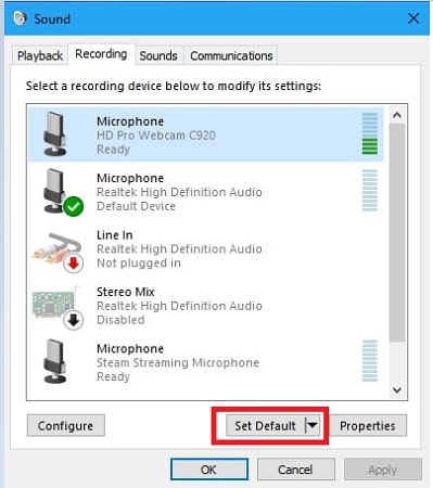 Execute the same steps in the Recording tab with your desired device. 