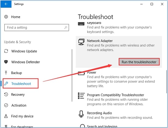 Choose Network adapter and Select Run the troubleshooter
