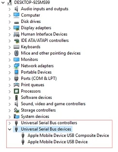 Click on Universal Serial Bus devices to locate the Apple Mobile USB Device driver