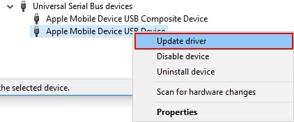 Right-click on the Apple Mobile Device USB Device and select Update Driver