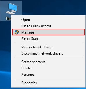 Right-click on the This PC icon on your desktop and choose Manage from the contextual menu.