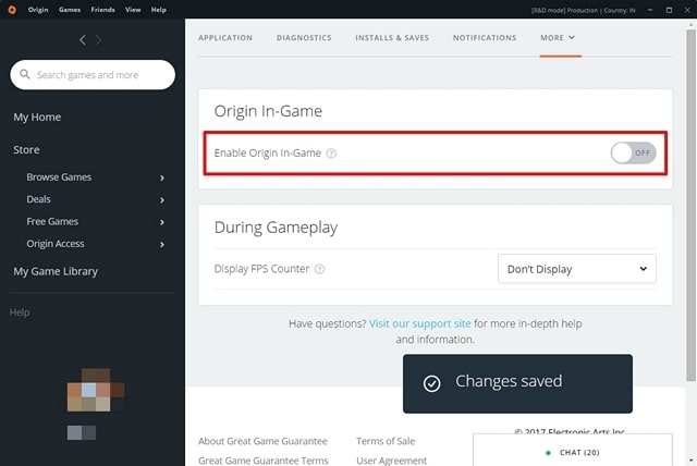 Toggle off the Enable Origin In-Game option
