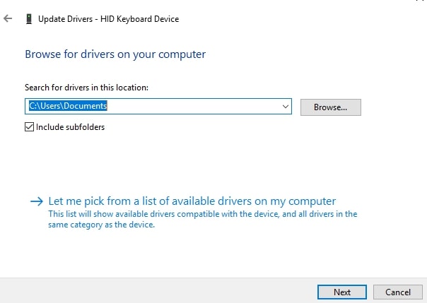 Tap on the ‘Browse’ button and select the downloaded driver file from your computer