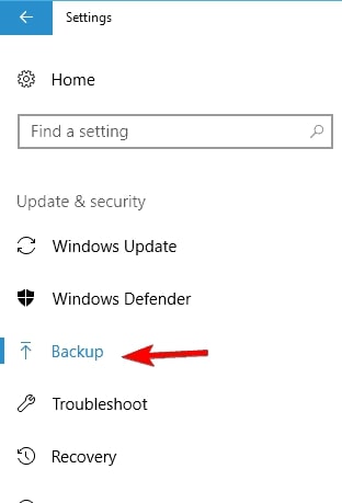 Choose the Backup option from the left pane