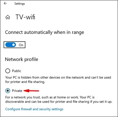 Pick Private as the network profile if you are using a trusted network.