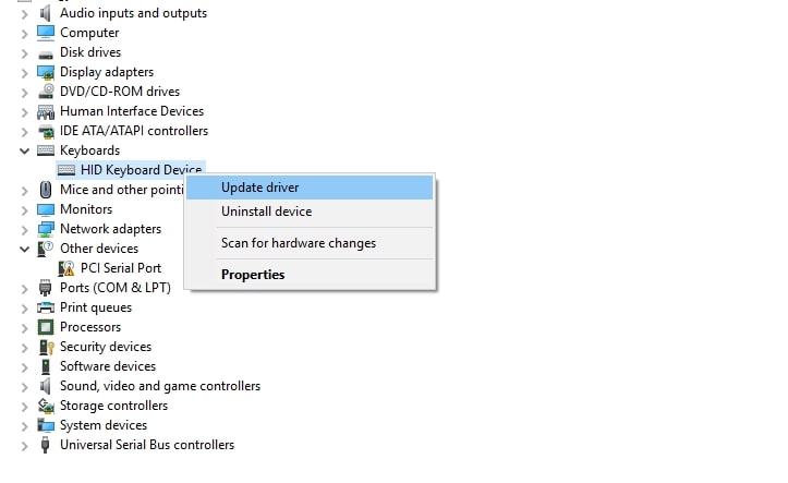 Right-click your Keyboard device and click on “Update Driver ” 