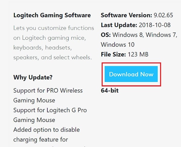 Click on the “Download Now” button to download the Logitech Gaming Software