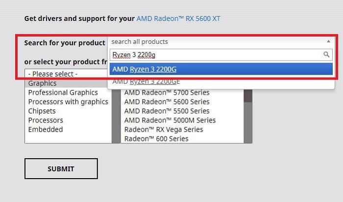 Scroll down to the Search for your product box and enter Ryzen 3 2200g