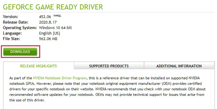 confirm the details of the driver provided and choose the Download option