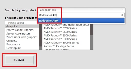 search for Radeon RX 480 and click on Submit